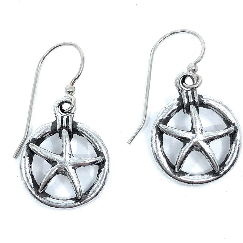 Star Fish Hanging Earrings Handmade Pewter Sea Jewelry Ocean Vacation Beach